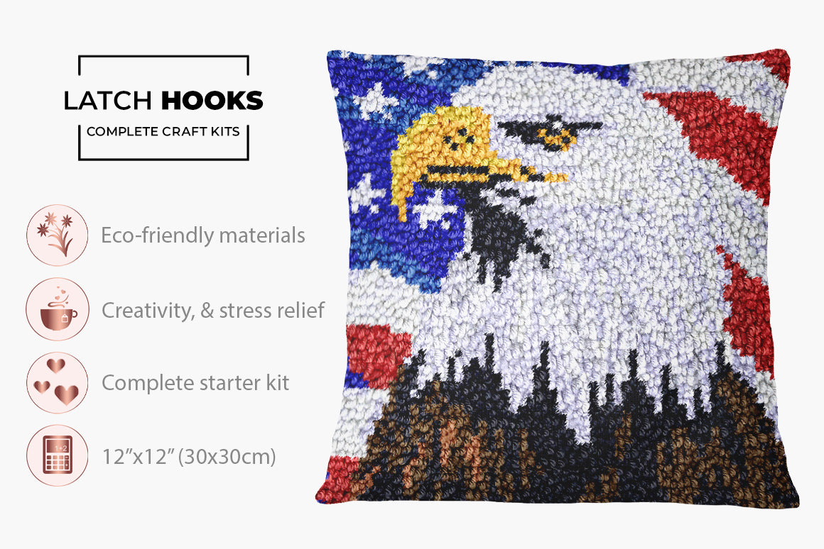 Majestic Eagle Amidst the Stars and Stripes - Latch Hook Pillow Kit