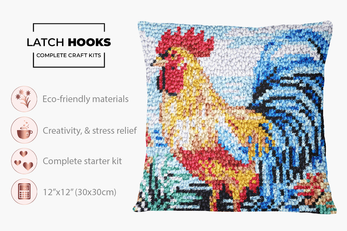 Vibrant Rooster Tapestry - Latch Hook Pillow Kit