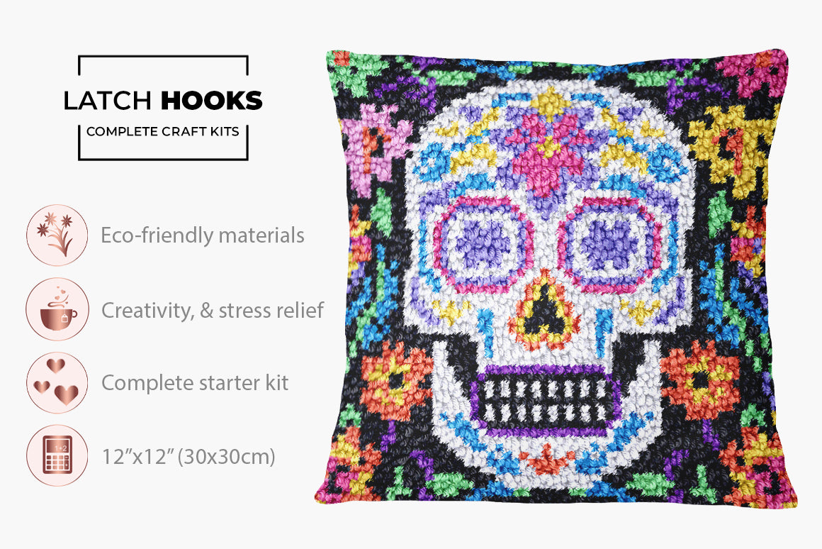 Colorful Day of the Dead Skull - Latch Hook Pillow Kit