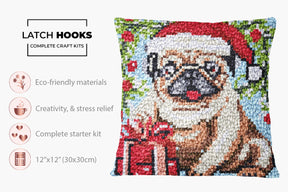 Festive Pug in Christmas Cheer - Latch Hook Pillow Kit