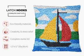 Colorful Nautical Scene with Sailboat - Latch Hook Pillow Kit