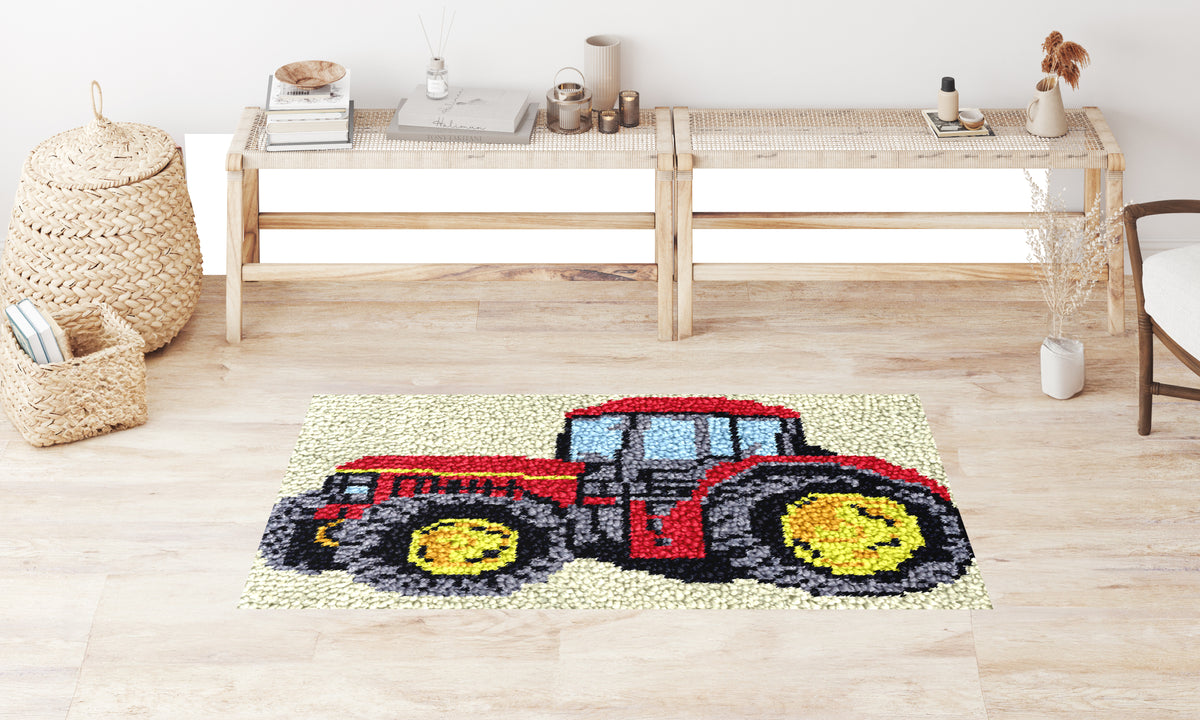 Charming Red Tractor Rug - Latch Hook Rug Kit