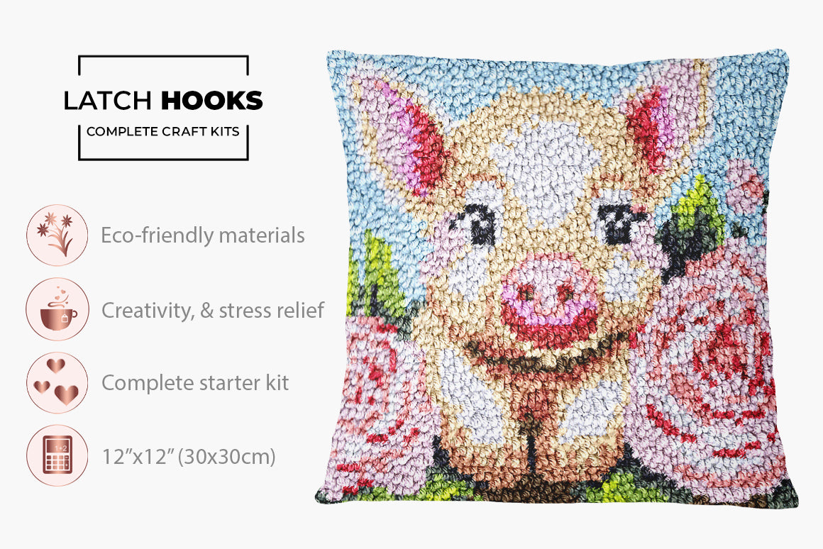 Whimsical Piglet Among Roses - Latch Hook Pillow Kit