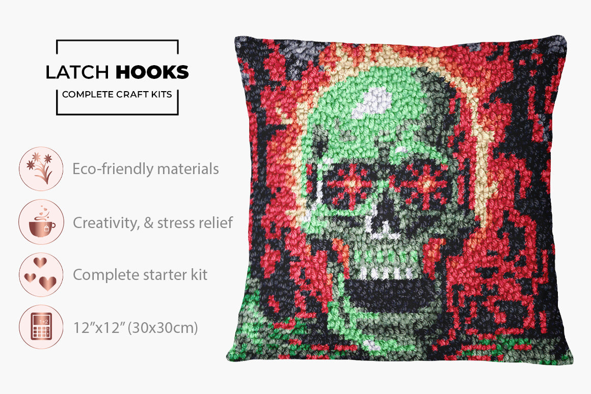 Eerie Elegance: The Green Skull - Latch Hook Pillow Kit