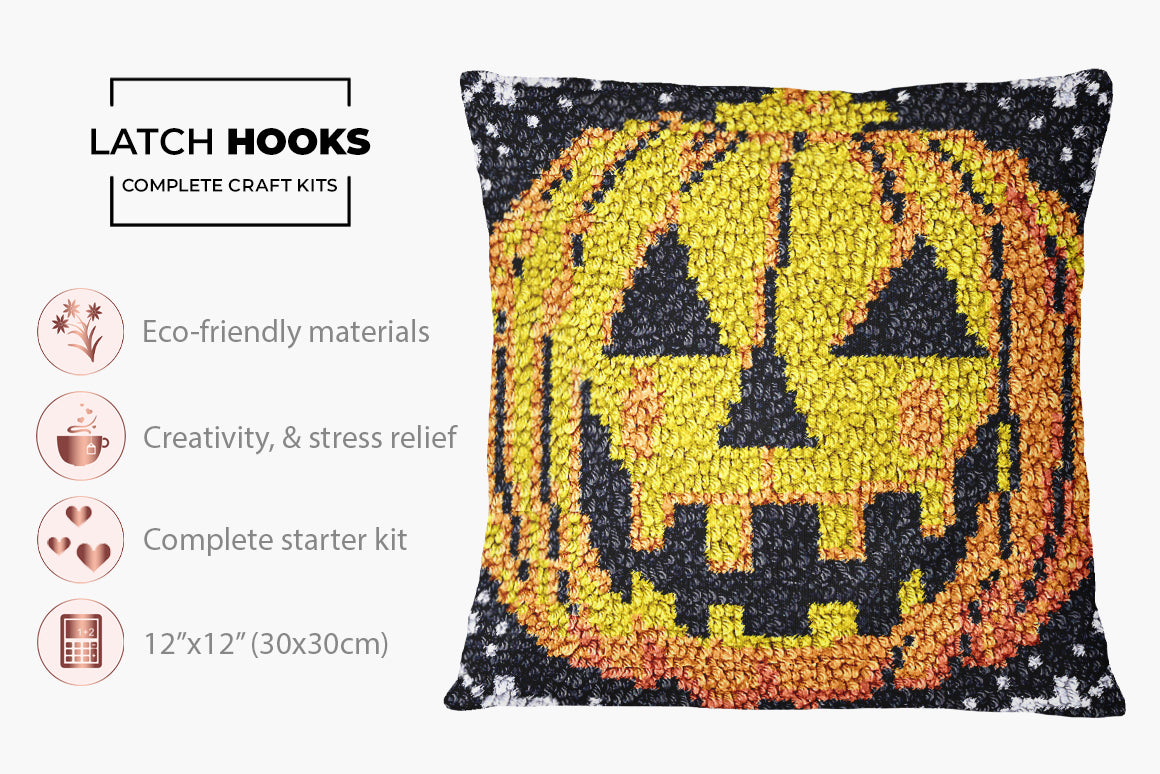 Spooky Glow: Halloween Pumpkin Art - Latch Hook Pillow Kit