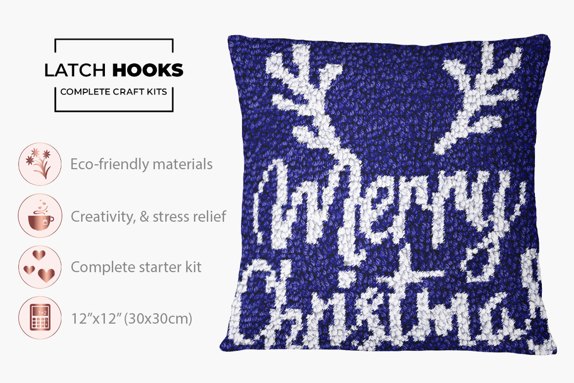 Festive Blue Knit Christmas Decor - Latch Hook Pillow Kit