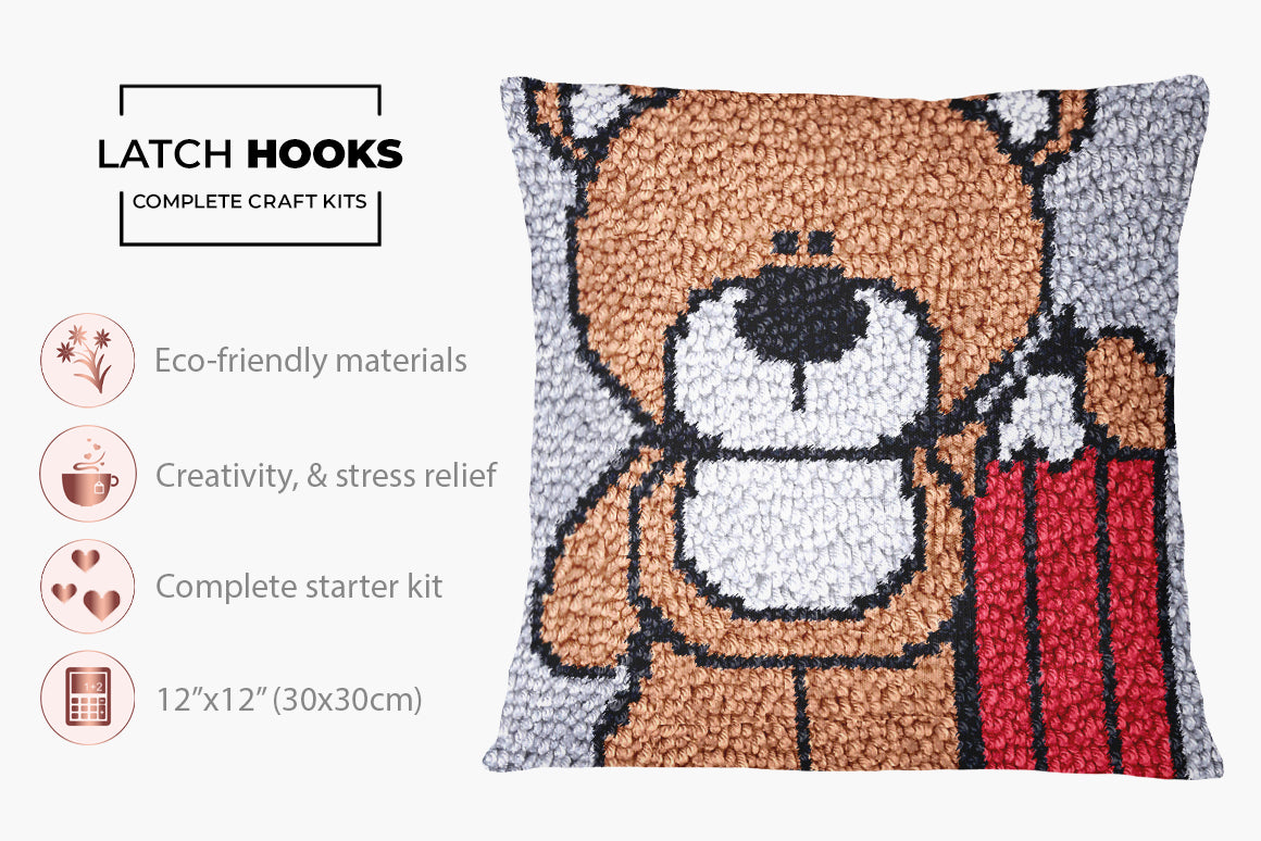 Charming Teddy Bear with Candies - Latch Hook Pillow Kit