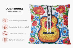 Vibrant Floral Guitar Art - Latch Hook Pillow Kit