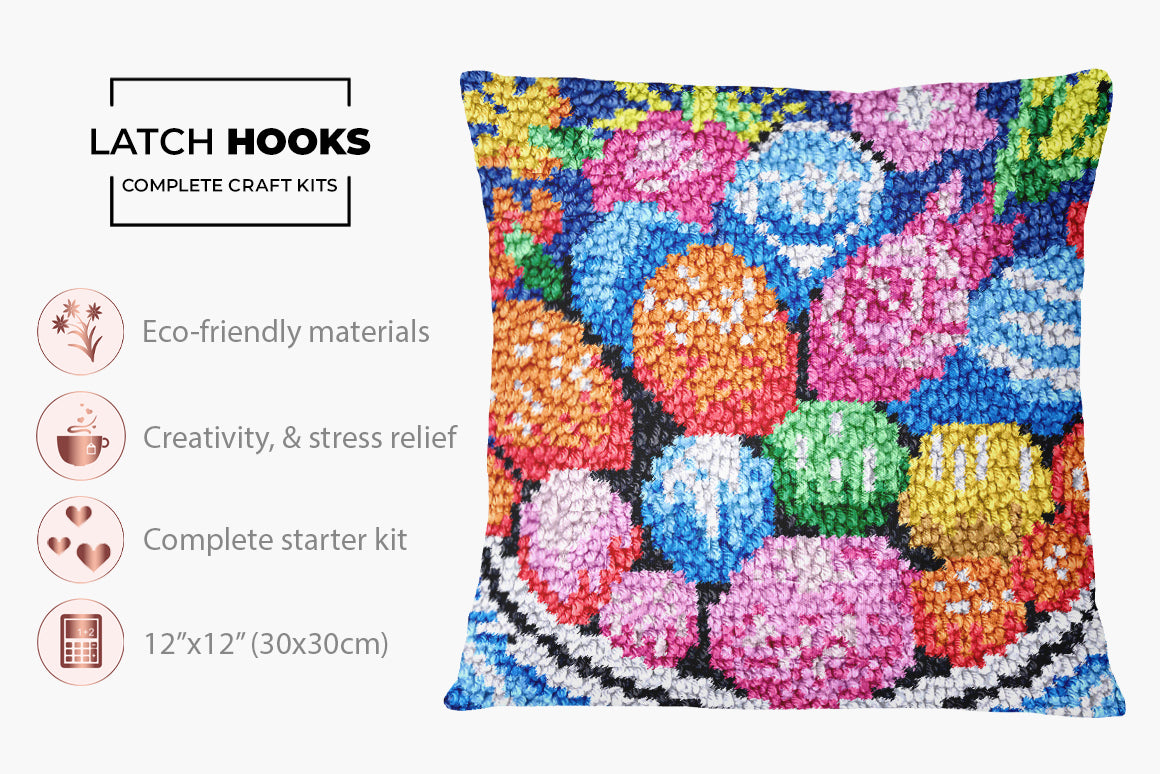 Vibrant Delight: A Colorful Bowl of Joy - Latch Hook Pillow Kit