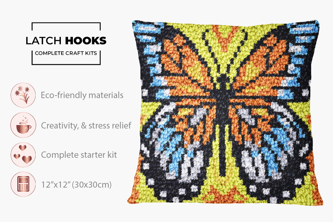 Vibrant Monarch Butterfly Art - Latch Hook Pillow Kit