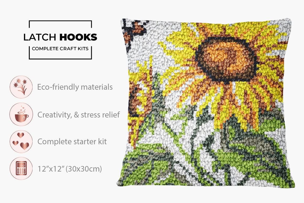 Cheerful Sunflowers and Busy Bee - Latch Hook Pillow Kit