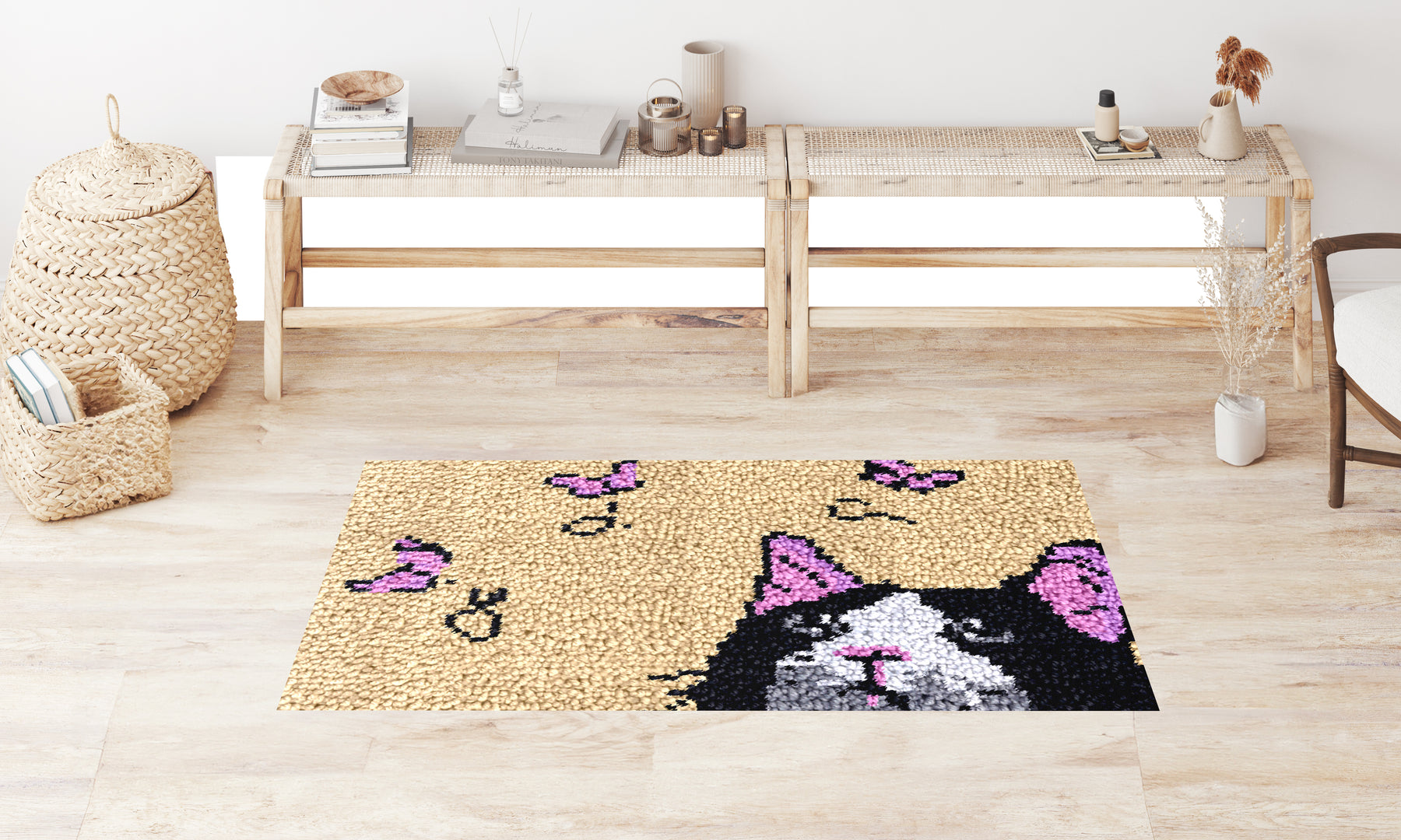 Whimsical Cat and Butterflies - Latch Hook Rug Kit