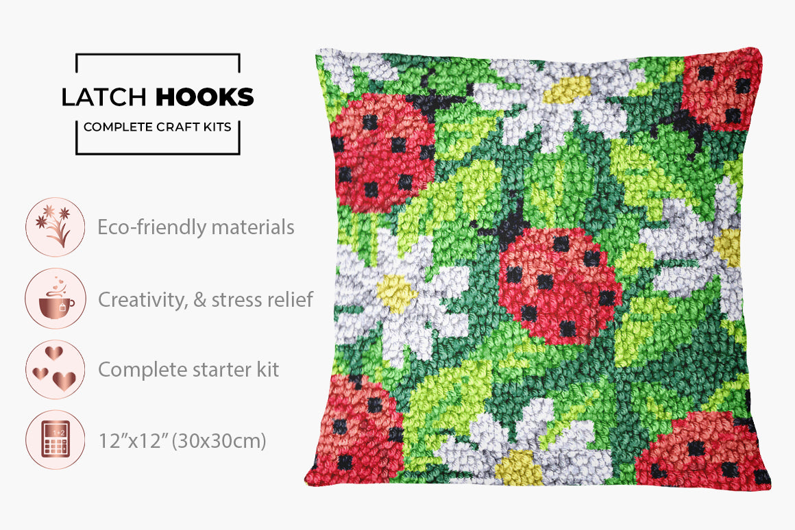 Cheerful Ladybugs and Daisies - Latch Hook Pillow Kit