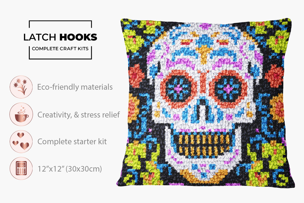 Colorful Day of the Dead Skull - Latch Hook Pillow Kit