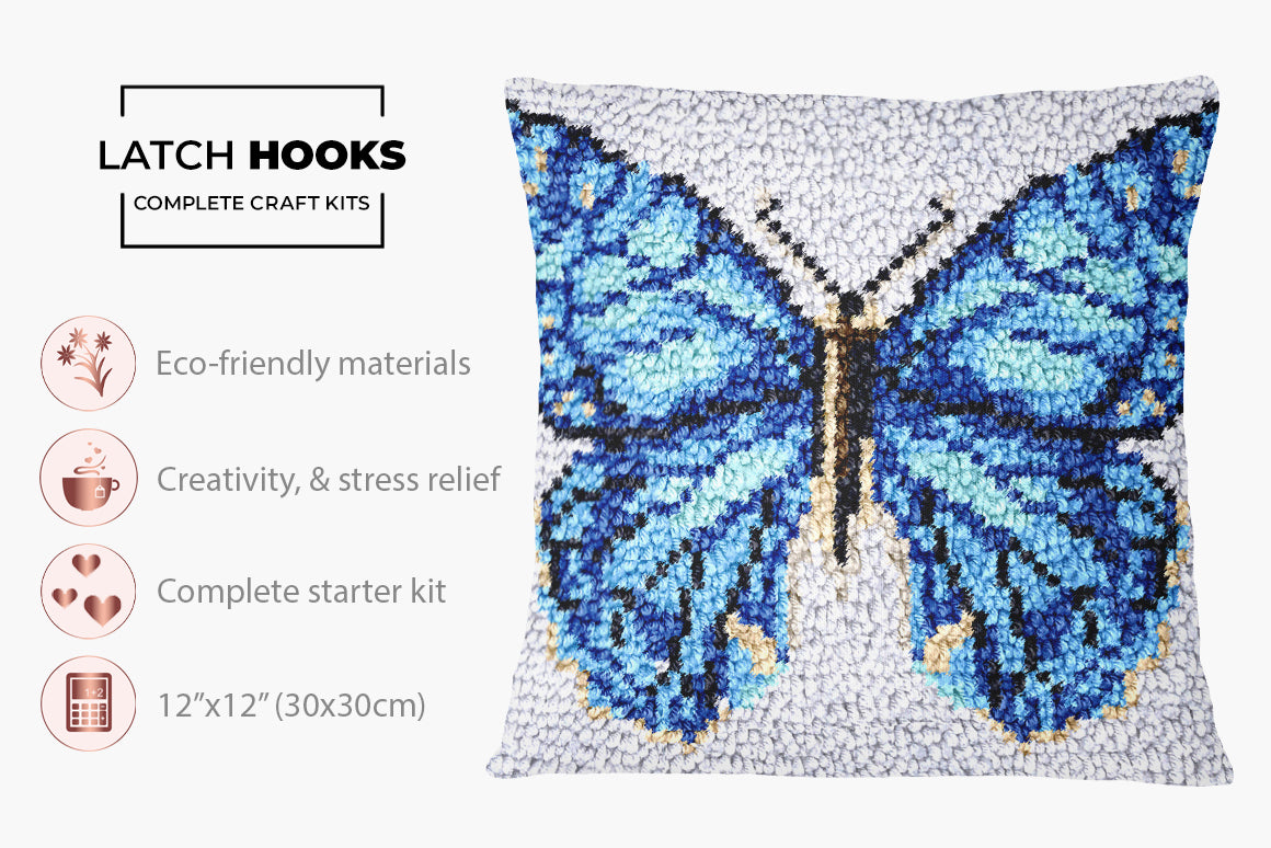 Majestic Blue Butterfly - Latch Hook Pillow Kit