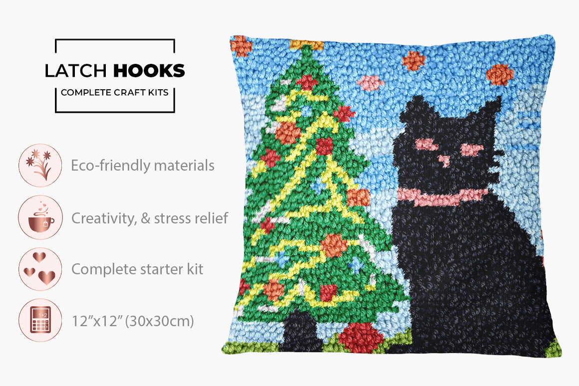 Festive Feline Christmas Charm - Latch Hook Pillow Kit