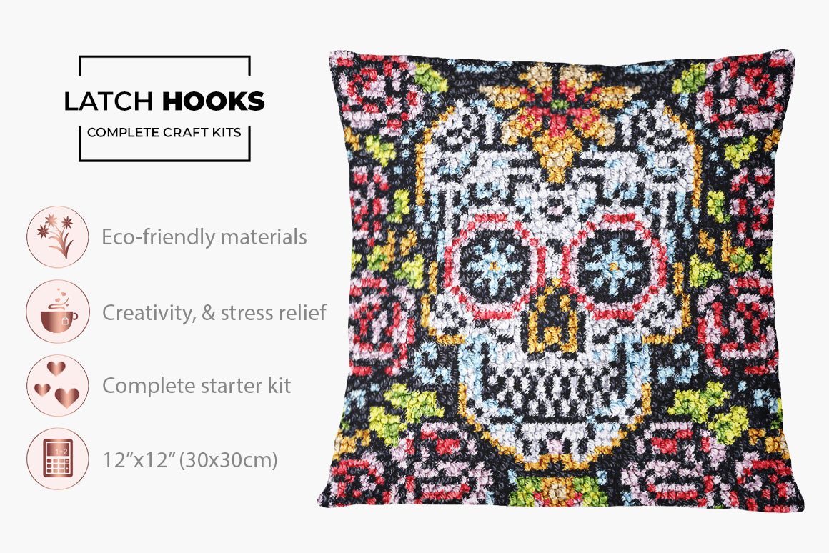 Vibrant Day of the Dead Skull - Latch Hook Pillow Kit