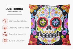 Vibrant Sugar Skull Art - Latch Hook Pillow Kit