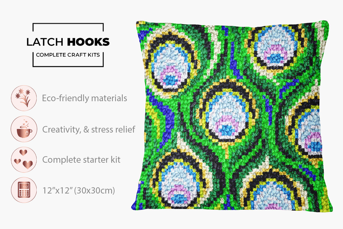 Peacock Feather Mosaic - Latch Hook Pillow Kit