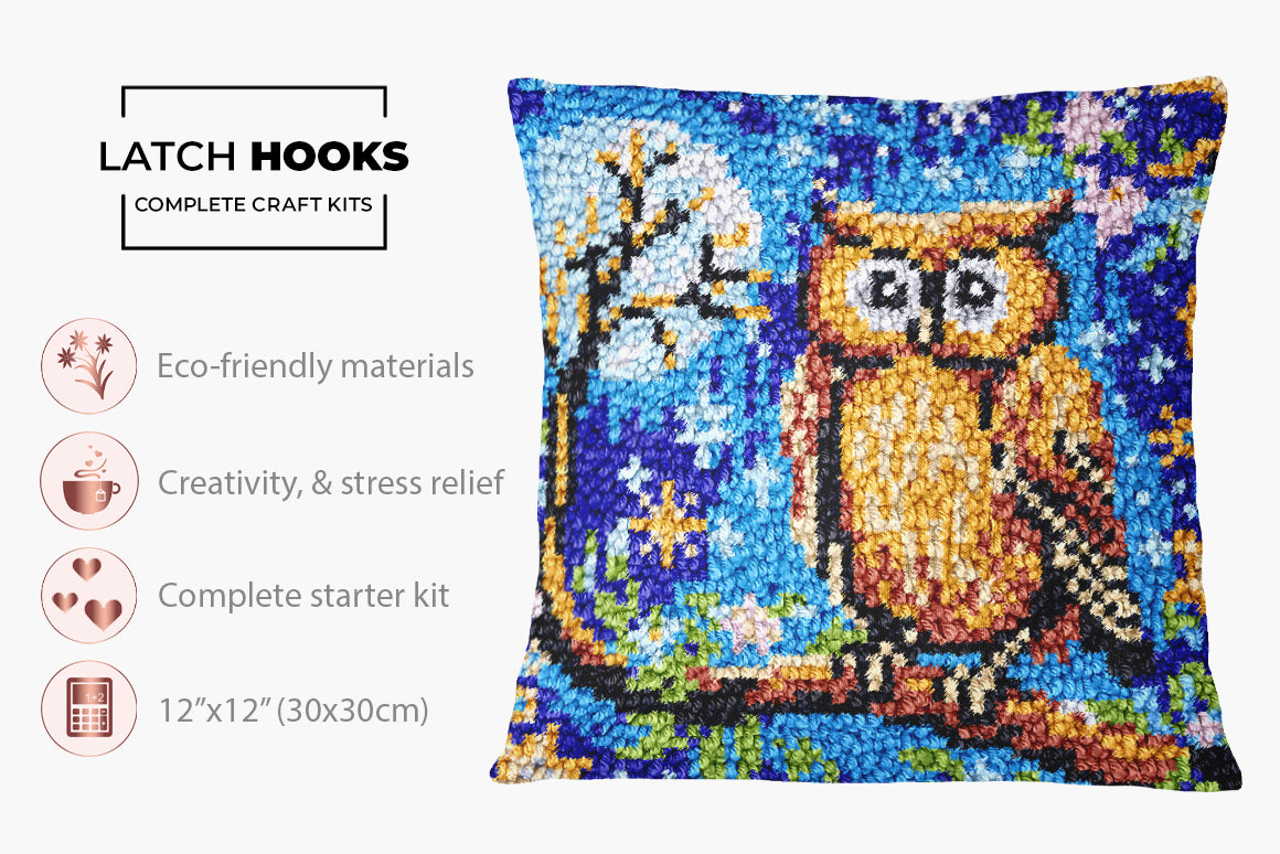 Moonlit Owl on Branch - Latch Hook Pillow Kit