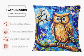 Moonlit Owl on Branch - Latch Hook Pillow Kit