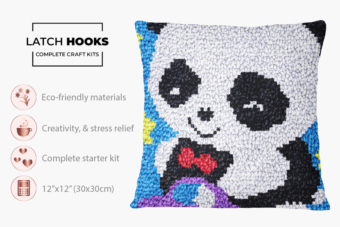 Cheerful Panda with Car - Latch Hook Pillow Kit