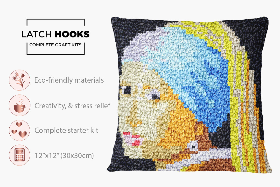 Textured Elegance: The Girl with a Pearl Earring - Latch Hook Pillow Kit