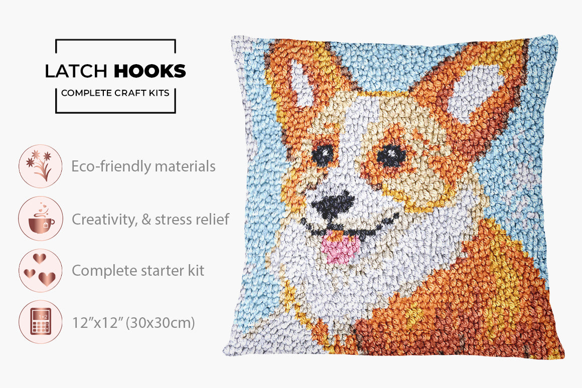 Playful Corgi Delight - Latch Hook Pillow Kit