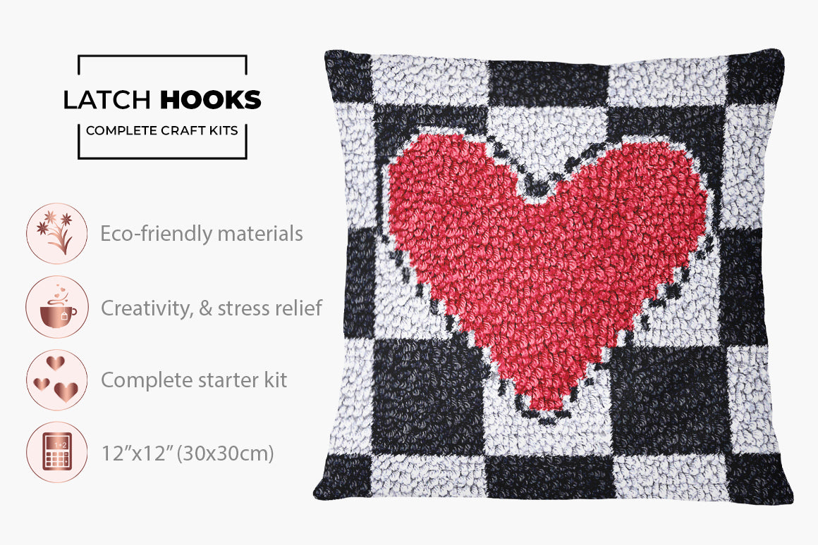 Heartfelt Checkered Elegance - Latch Hook Pillow Kit