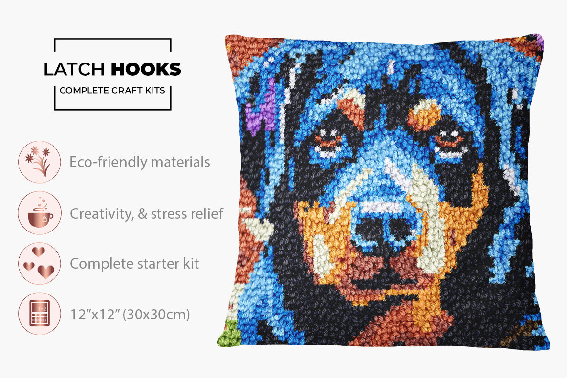 Vibrant Rottweiler Portrait - Latch Hook Pillow Kit