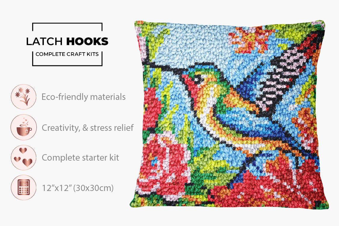 Vibrant Hummingbird Paradise - Latch Hook Pillow Kit